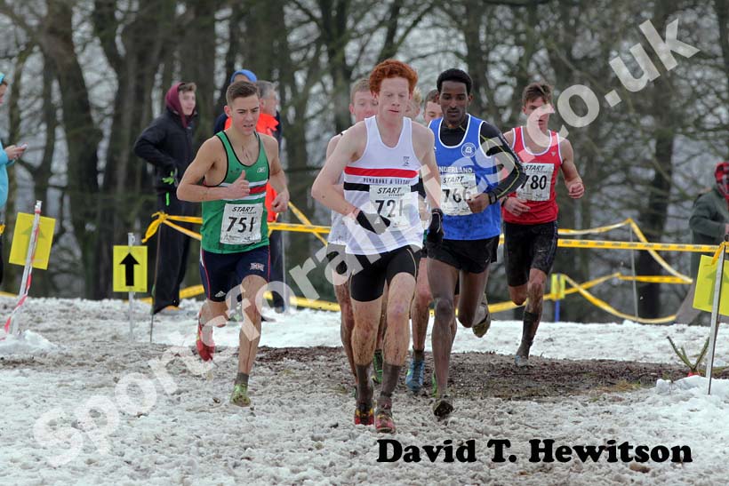 721 Toby Loveridge (Liverpool Pembroke) leads 766 Weynay Ghebresilasie (Sunderland Harriers), 751 Charlie Hulson and tucked behind Callum Johnson during the junior mens Northern Cross Country Championships, Knowsley Safari Park.